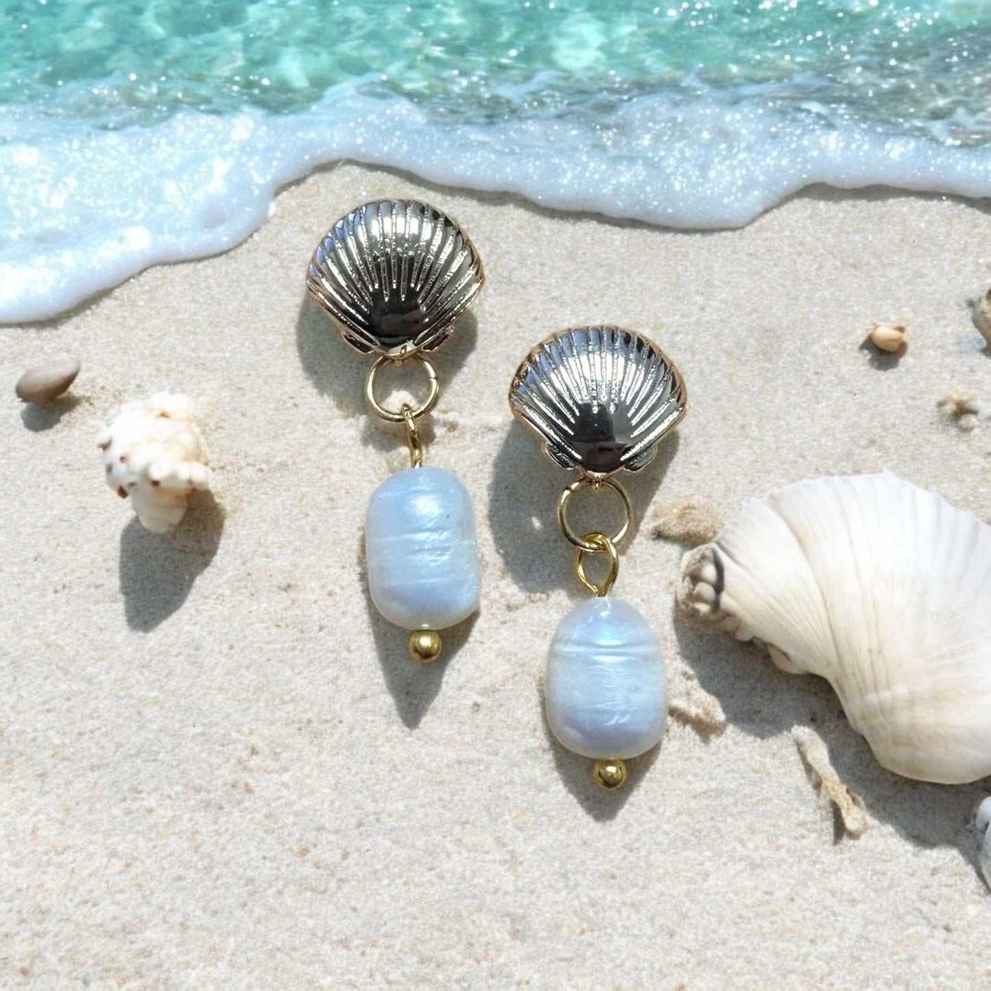 Seashell and Pearl Drop Handmade Earrings; Beach, Ocean, Vacation, Sun, Cruise Accessories and Jewelry - Shella Bella