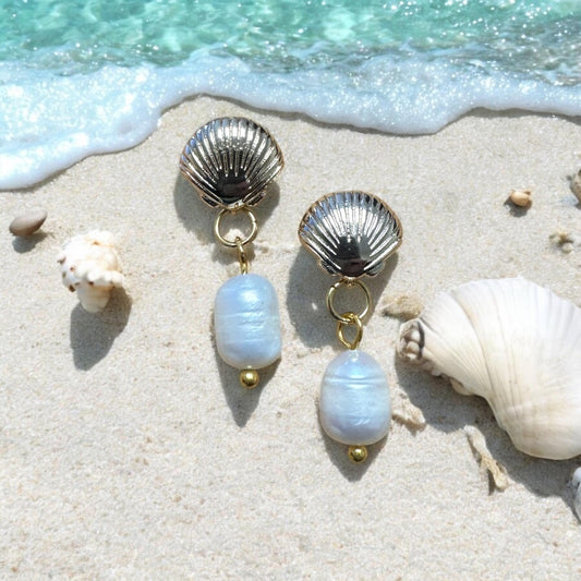 Seashell and Pearl Drop Handmade Earrings; Beach, Ocean, Vacation, Sun, Cruise Accessories and Jewelry - Shella Bella