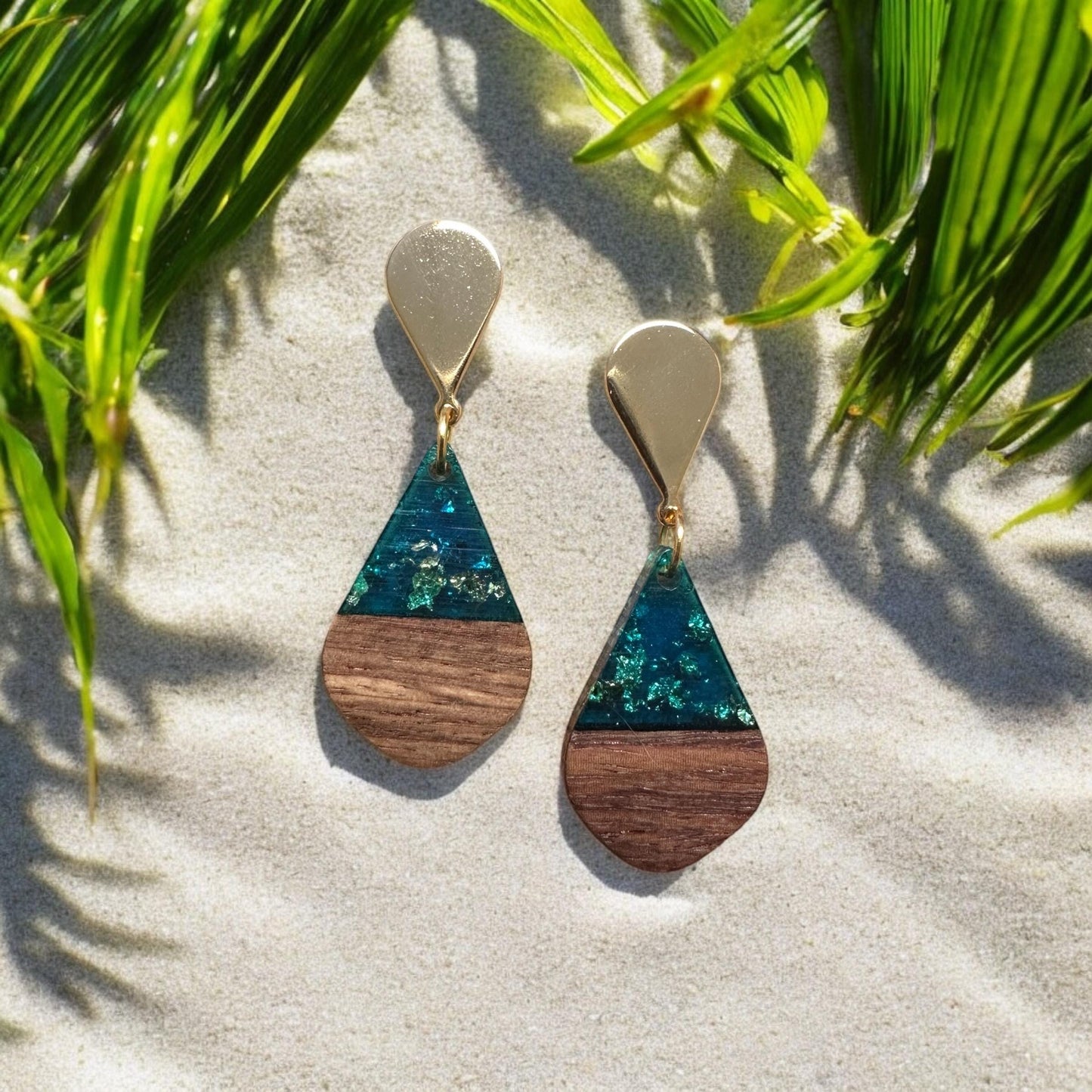 Tear Drop wood and acrylic Gold Leaf Handmade Earrings; Beach, Vacation, Sun, Cruise Accessories and Jewelry - Shella Bella