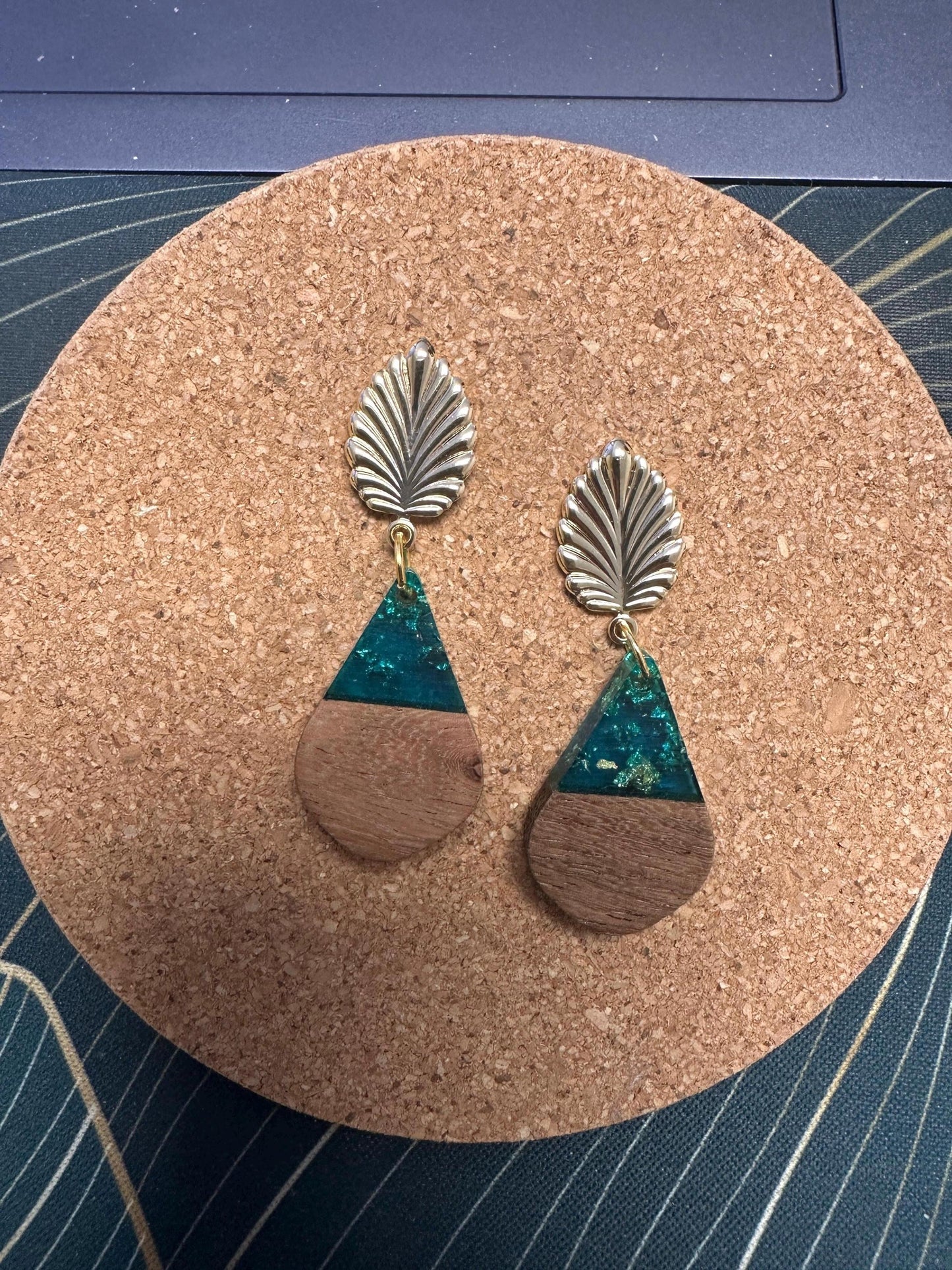 Tear Drop wood and acrylic Gold Leaf Handmade Earrings; Beach, Vacation, Sun, Cruise Accessories and Jewelry - Shella Bella