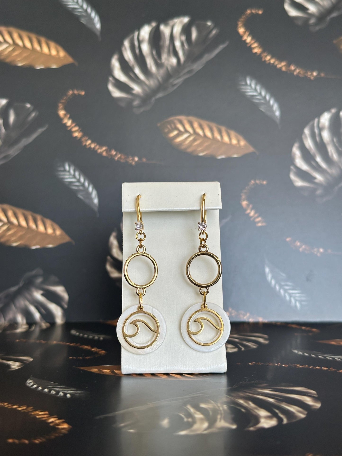 Gold Wave and Natural Seashell Handmade Earrings; Beach, Ocean, Vacation, Sun, Cruise Accessories and Jewelry - Shella Bella