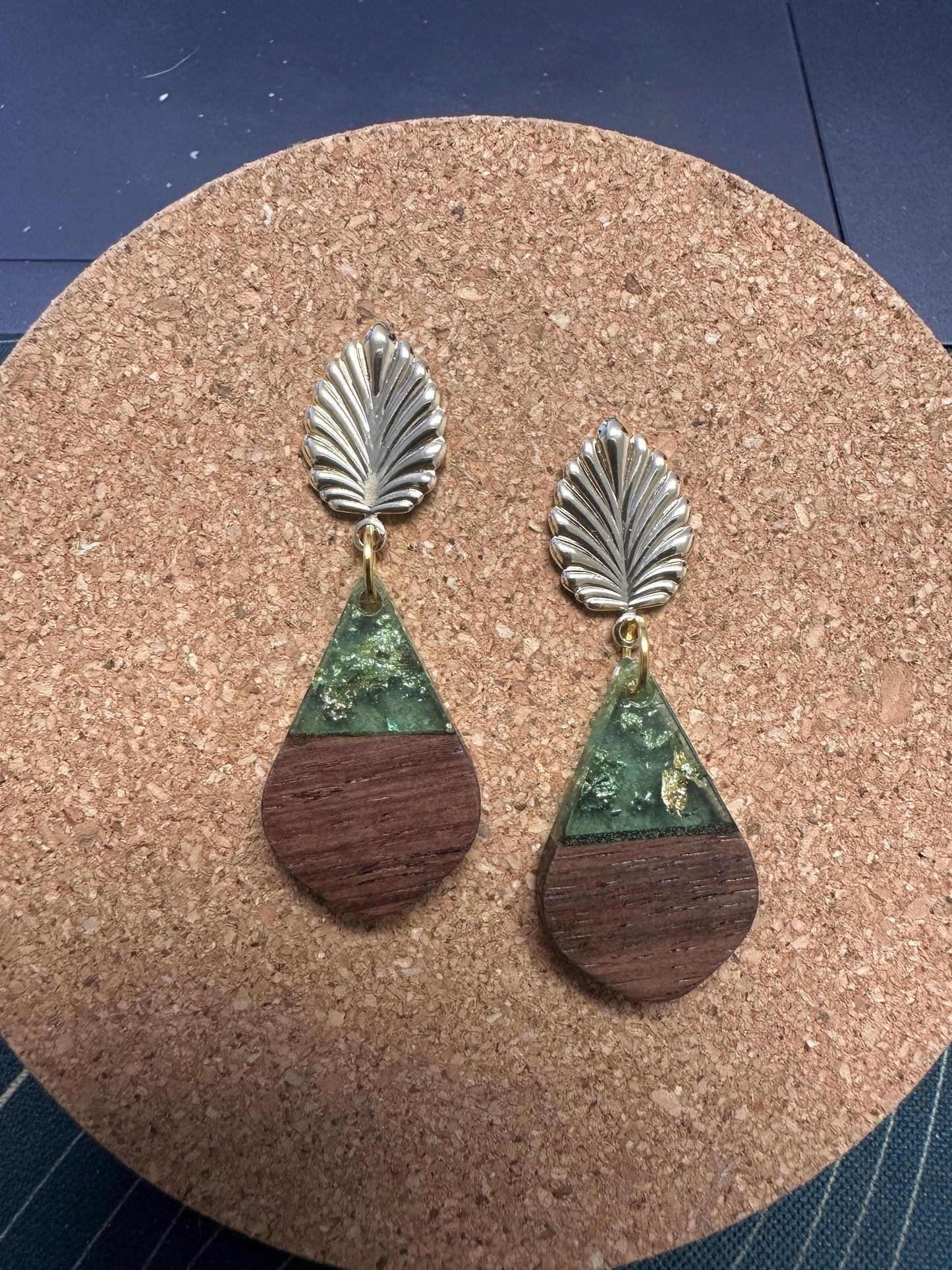 Tear Drop wood and acrylic Gold Leaf Handmade Earrings; Beach, Vacation, Sun, Cruise Accessories and Jewelry - Shella Bella