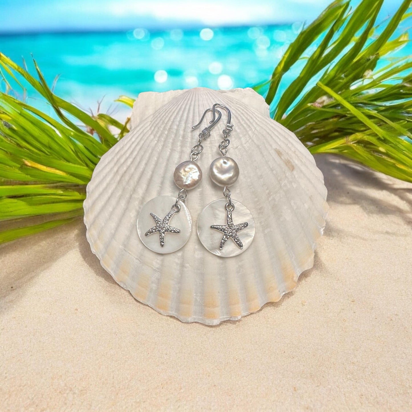 Pearl, Starfish and Shell Handmade Earrings; Beach, Ocean, Vacation, Sun, Cruise Accessories and Jewelry - Shella Bella