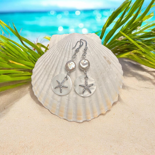 Pearl, Starfish and Shell Handmade Earrings; Beach, Ocean, Vacation, Sun, Cruise Accessories and Jewelry - Shella Bella