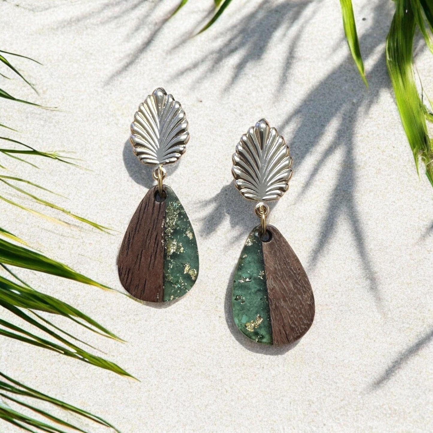 Tear Drop wood and acrylic Gold Leaf Handmade Earrings; Beach, Vacation, Sun, Cruise Accessories and Jewelry - Shella Bella