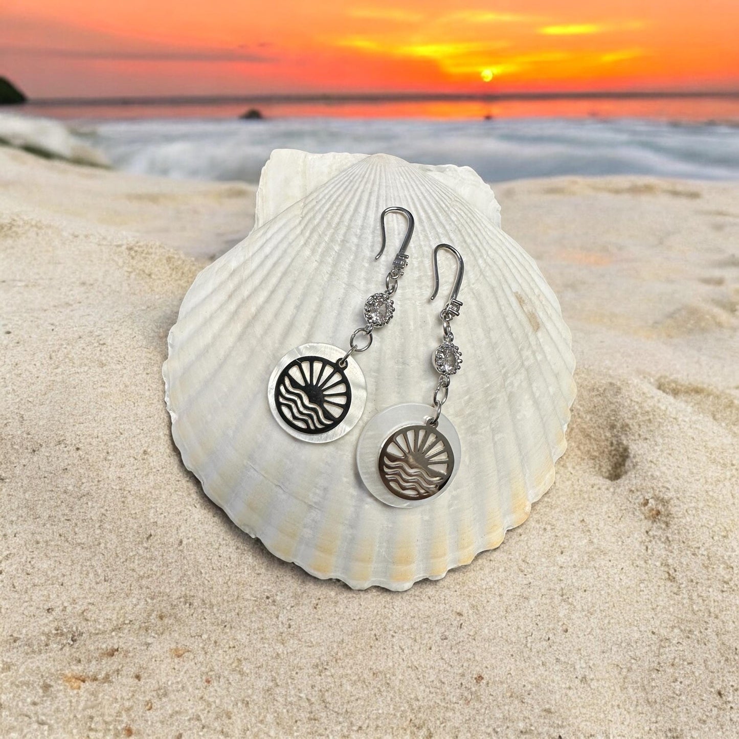 Sunset and Sea Shell Handmade Earrings; Beach, Ocean, Vacation, Sun, Cruise Accessories and Jewelry - Shella Bella