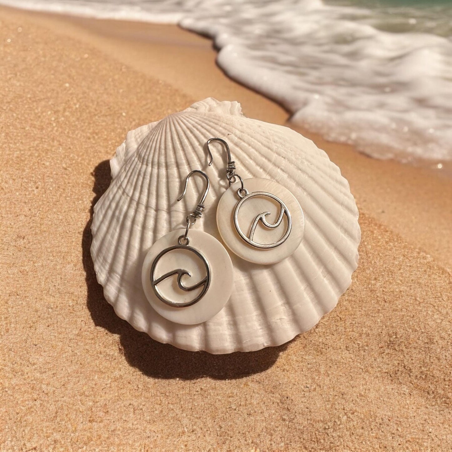 Gold Wave and Large Natural Seashell Handmade Earrings; Beach, Ocean, Vacation, Sun, Cruise Accessories and Jewelry - Shella Bella