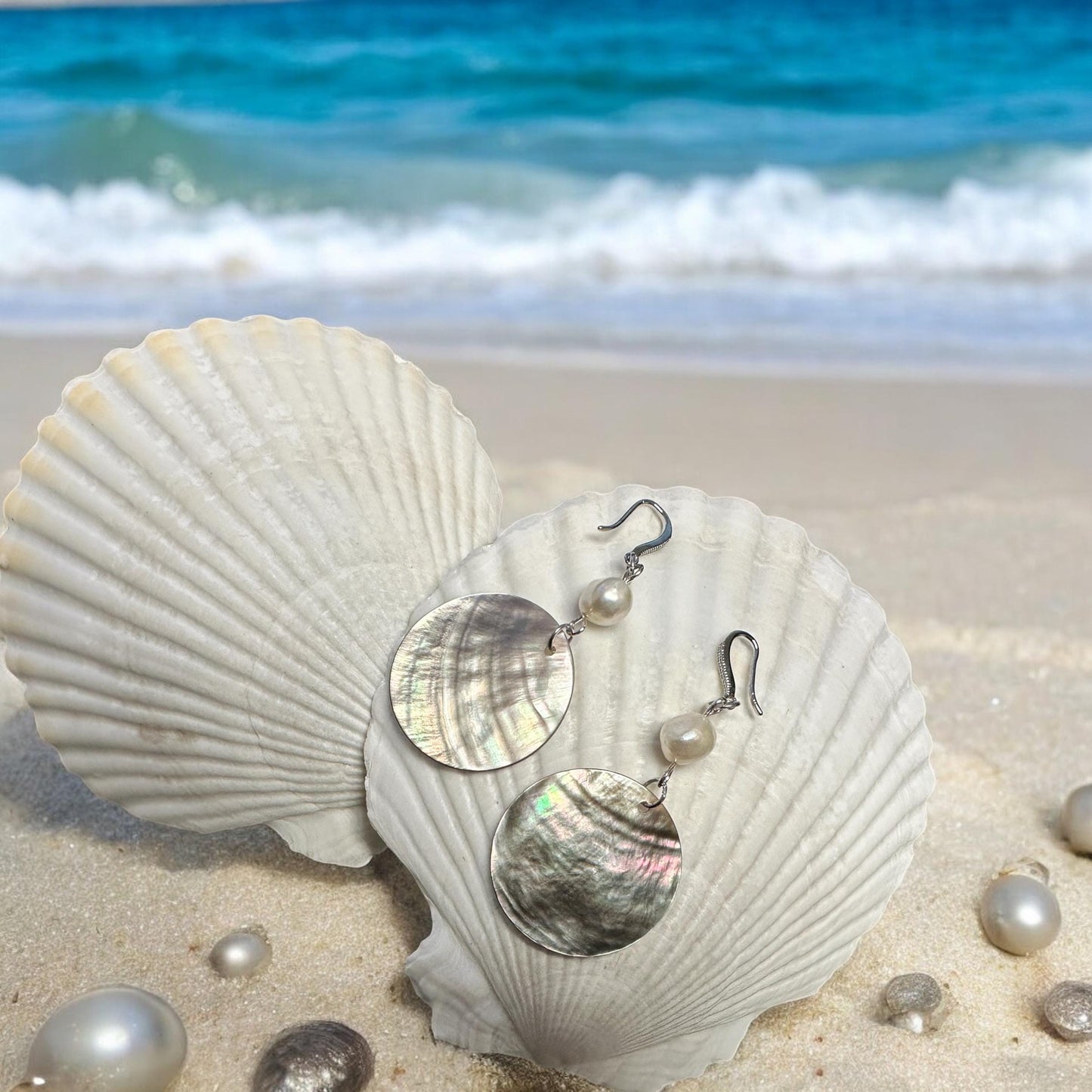 Black Mother of Pearl shell and Natural Pearl Handmade Earrings; Beach, Ocean, Vacation, Sun, Cruise Accessories and Jewelry - Shella Bella