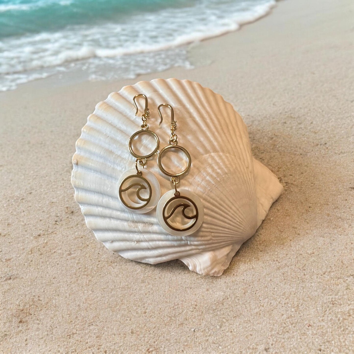 Gold Wave and Natural Seashell Handmade Earrings; Beach, Ocean, Vacation, Sun, Cruise Accessories and Jewelry - Shella Bella