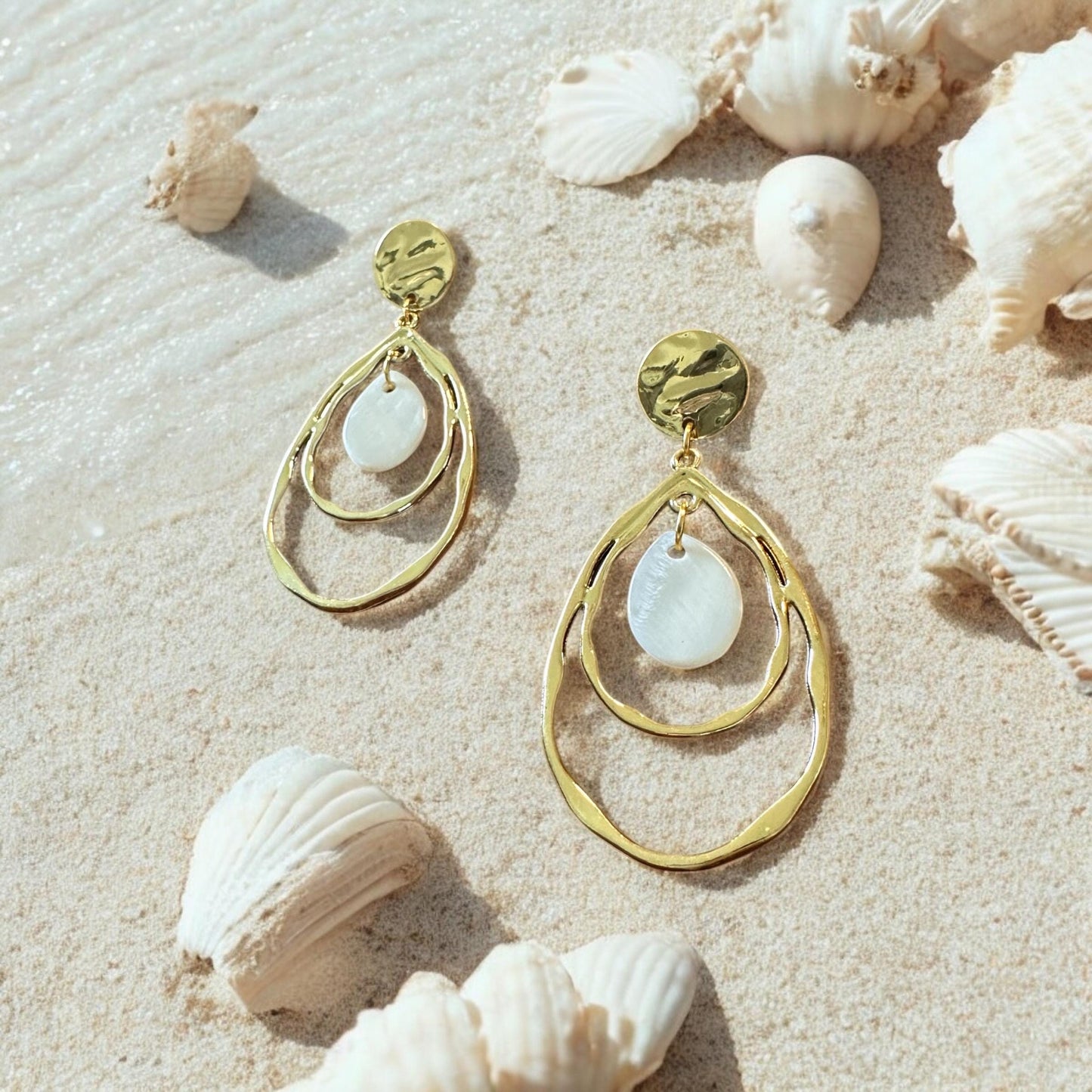 Hammered Teardrops and Natural Seashell Handmade Earrings; Beach, Ocean, Vacation, Sun, Cruise Accessories and Jewelry - Shella Bella