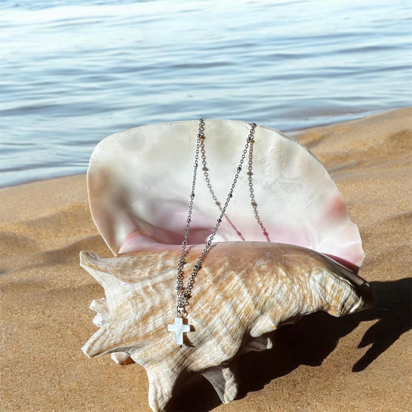 Mother of Pearl Cross Necklace; Beach, Ocean, Easter, Vacation, Sun, Cruise Accessories and Jewelry - Shella Bella