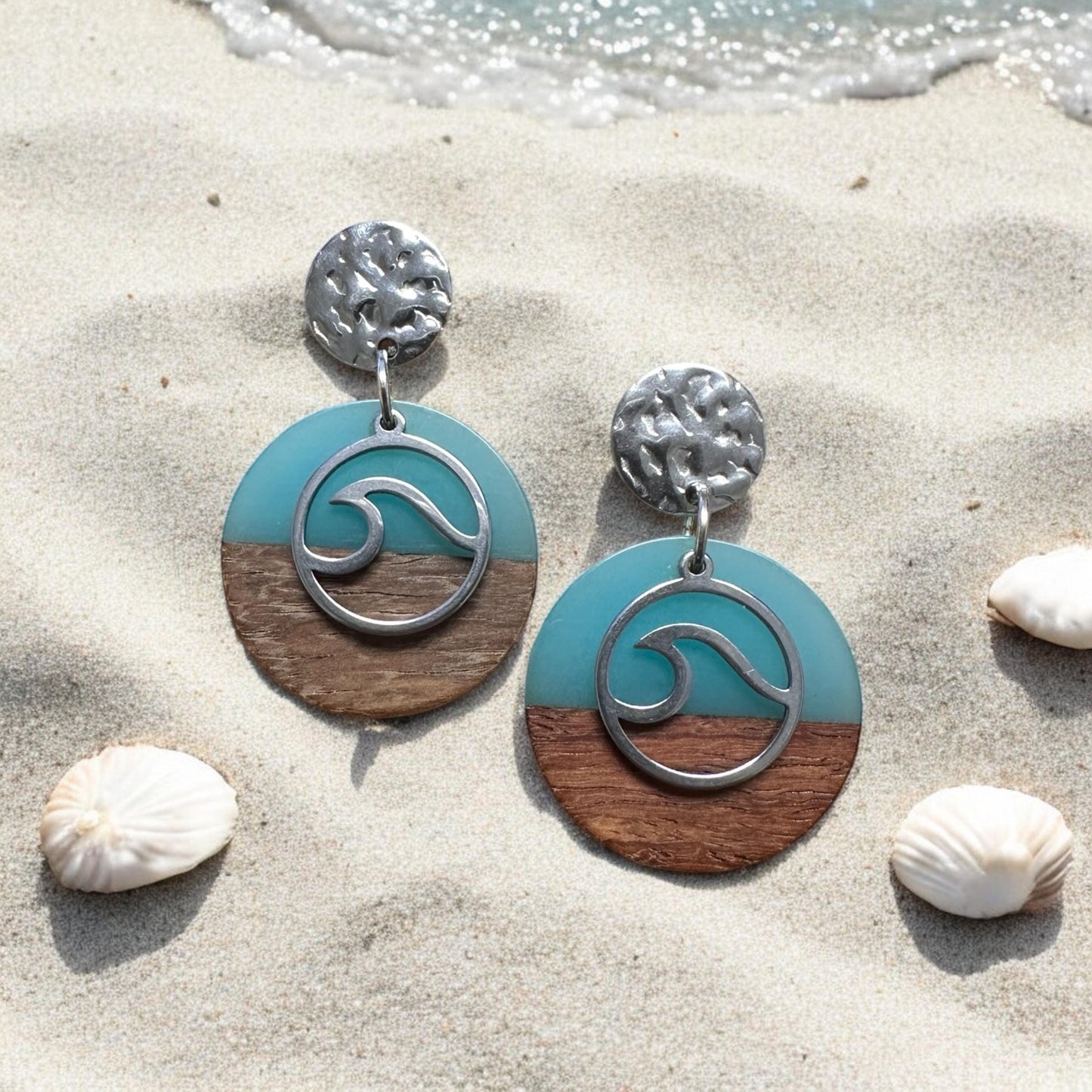 Wave and Wood Round Earrings; Beach, Ocean, Vacation, Sun, Cruise Accessories and Jewelry - Shella Bella