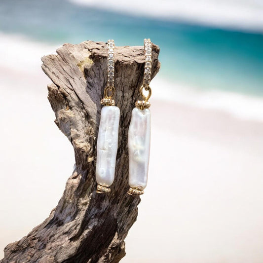 Vertical Pearl Drop Handmade Earrings; Beach, Ocean, Vacation, Sun, Cruise Accessories and Jewelry - Shella Bella