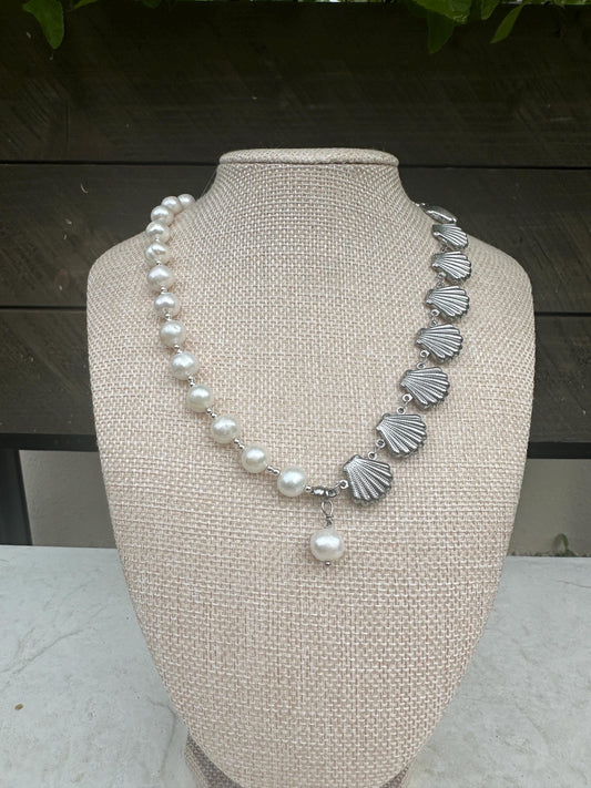 Silver Seashell Chain and Bead Necklace; Beach, Ocean, Vacation, Sun, Cruise Accessories and Jewelry - Shella Bella