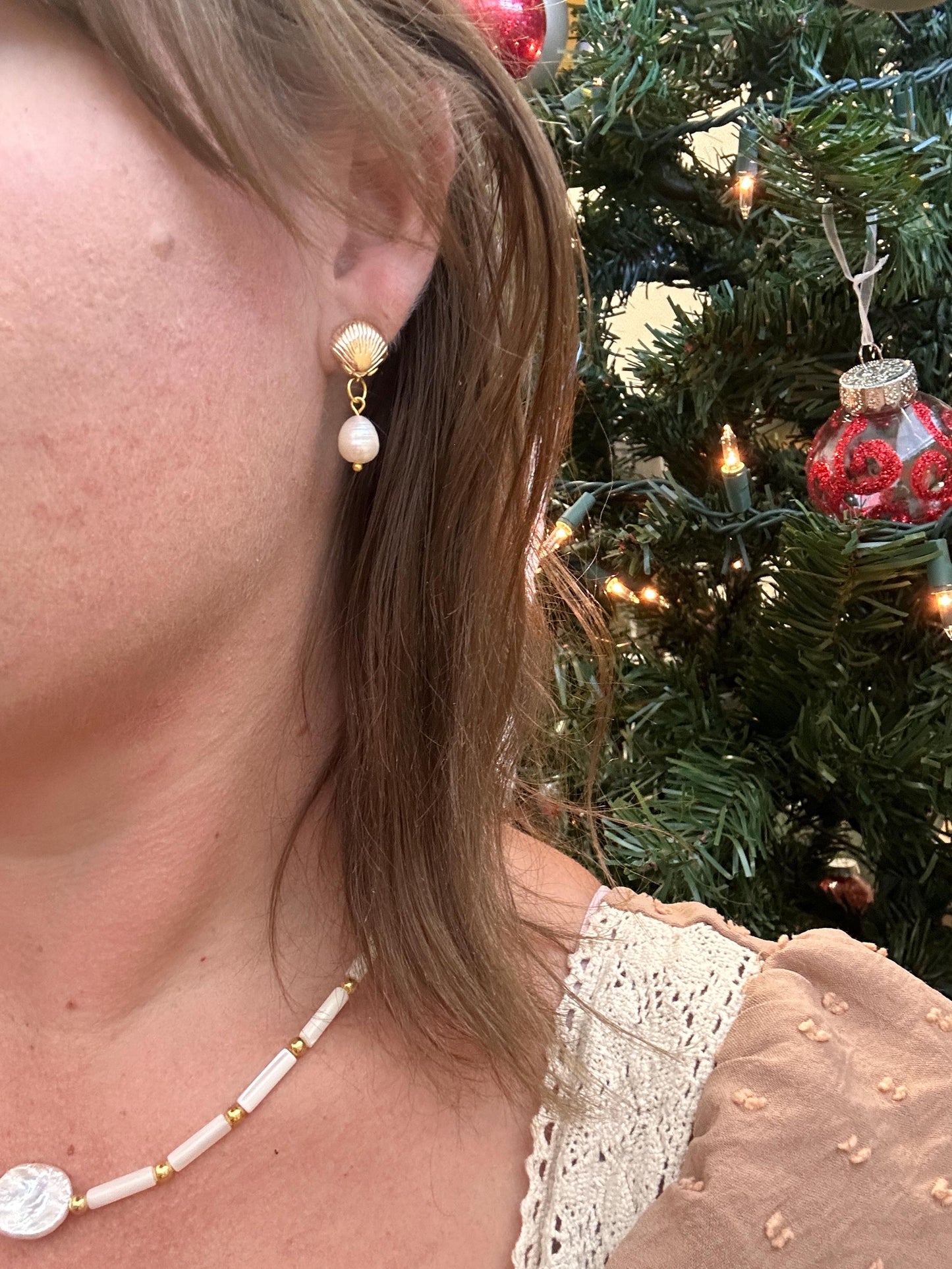 Seashell and Pearl Drop Handmade Earrings; Beach, Ocean, Vacation, Sun, Cruise Accessories and Jewelry - Shella Bella