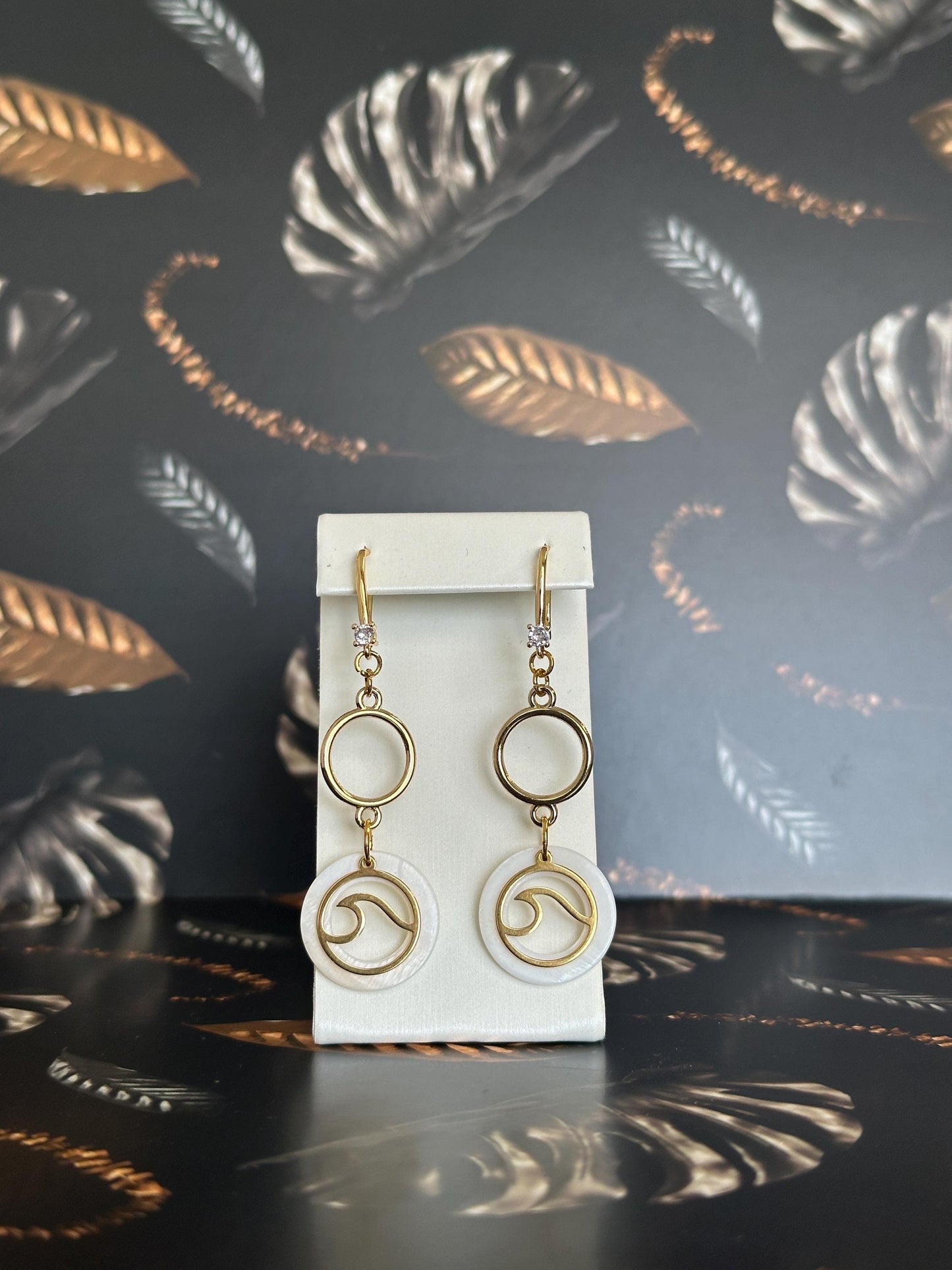 Gold Wave and Natural Seashell Handmade Earrings; Beach, Ocean, Vacation, Sun, Cruise Accessories and Jewelry - Shella Bella