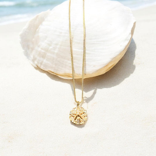 Gold Sand Dollaer Charm Necklace; Beach, Ocean, Vacation, Sun, Cruise Accessories and Jewelry - Shella Bella